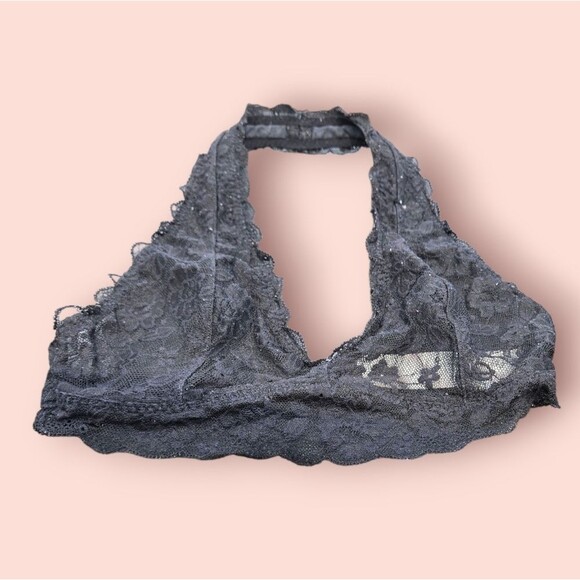 Gilly Hicks Top Womens XSmall Black Halter Bralette Lace V Neck Open Back Boho - Picture 14 of 16